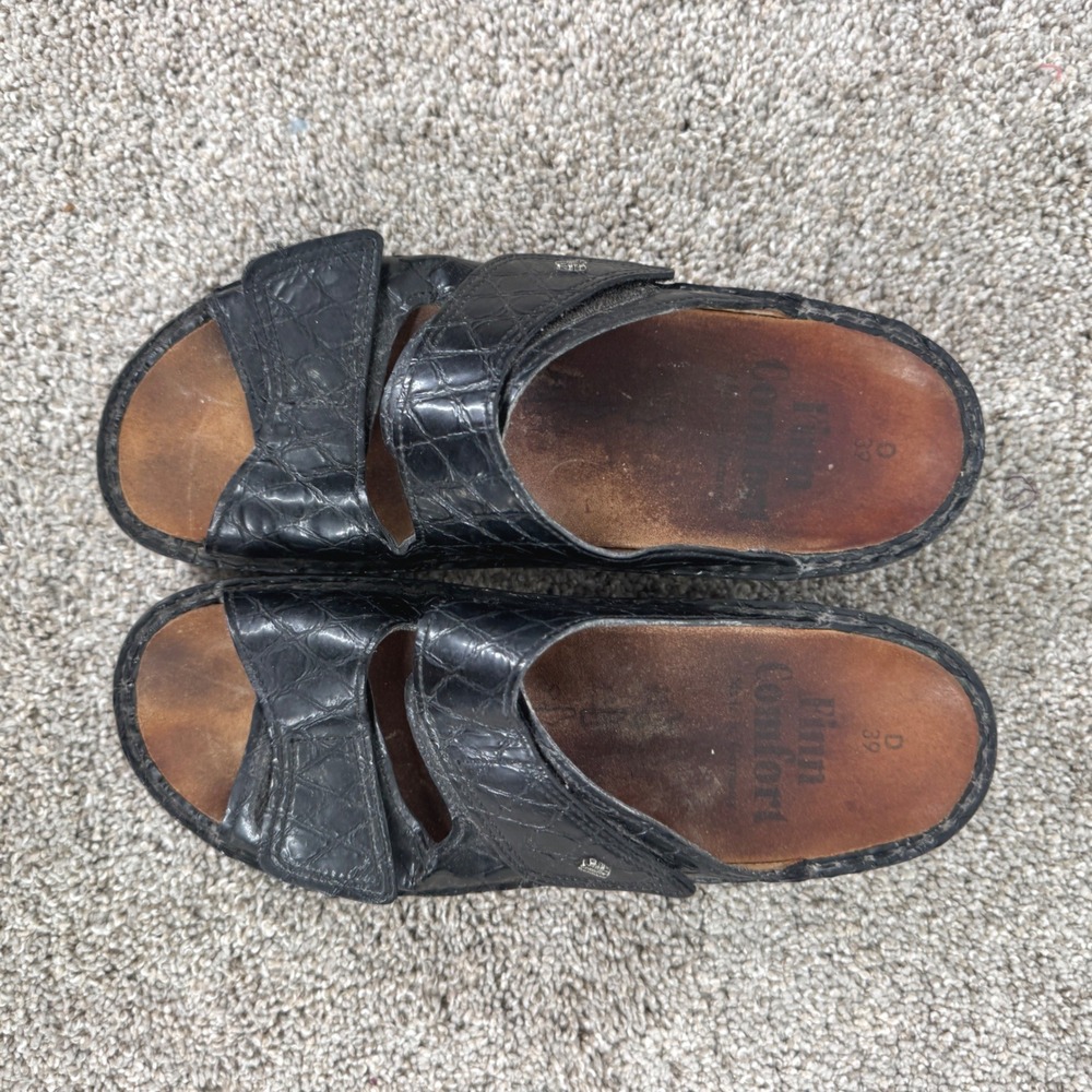 Finn Comfort Black Embossed Leather Slide Sandals Made in Germany Size 39